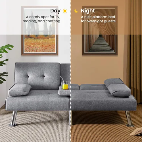 Vista 29 de Yaheetech Sofá biplaza cama, convertible, tela, ajustable, moderno, reclinable, reversible, plegable, reposabrazos extraíbles, portavasos, 3