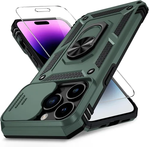Vista 21 de Weycolor for iPhone 14 Case with Camera Lens Cover, HD Screen Protector, 10 FT Military Grade Drop Protection, Magnetic Ring Holder Kickstand