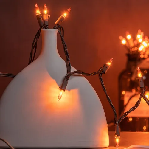 Vista 3 de YULETIME Luces de Navidad naranjas con cable marrón, 66 pies, 200 luces con certificación UL, paquete de 2 juegos de 33 pies, 100 miniluces