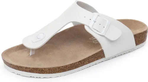 WTW Sandalias con plantilla de corcho para mujer, cómodas sandalias de piel de gamuza con hebilla ajustable, zapatos de playa de verano, Tanga-blanco