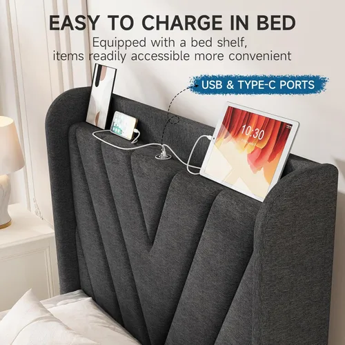 Vista 65 de koorlian Base de cama Queen con cabecero, base de cama tapizada ajustable con puertos tipo C y USB, cabecera de almacenamiento con respaldo de ala