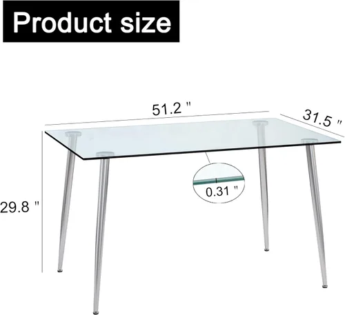 Vista 2 de Mesa de comedor rectangular moderna y minimalista de cristal para 4 y 6 personas con mesa de vidrio templado de 0.31 pulgadas y patas de metal