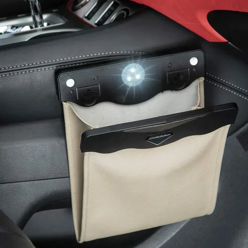 Vista 7 de yicheyiyou - Contenedor de basura para automóvil con luz LED inteligente, para el lado del pasajero, impermeable, bolsa de almacenamiento de piel