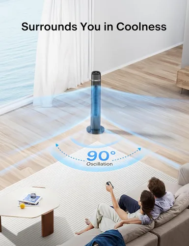 Vista 4 de PELONIS Ventilador de torre sin aspas de 40 pulgadas para dormitorio, ventilador de pie con control remoto, 26 pies/s, oscilación de 90°, 3 ajustes