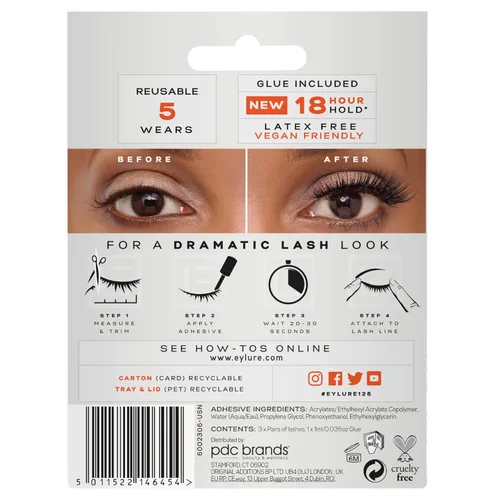 Vista 8 de Eylure Pestañas postizas, definición No. 126 con adhesivo incluido, 3 pares, color negro