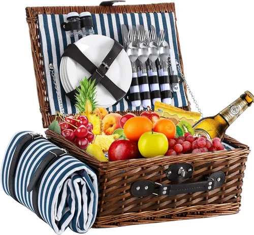Vista 10 de Cesta de picnic para 2 con manta, juego de cesta de picnic de mimbre con correa para el hombro y bolsa para vino, cesta grande de mimbre