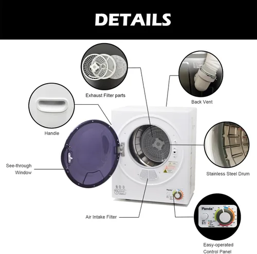 Vista 4 de Panda Secadora de ropa portátil – Secadora eléctrica compacta de 1.5 pies cúbicos, 850 W, tina de acero inoxidable, 110 V – Ideal para apartamentos