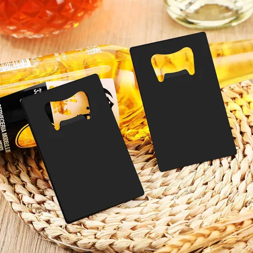 Vista 6 de Nuogo Abrebotellas de acero inoxidable, 100 unidades de acero inoxidable, abrebotellas de tarjetas de metal a granel, abrebotellas para bodas, Negro