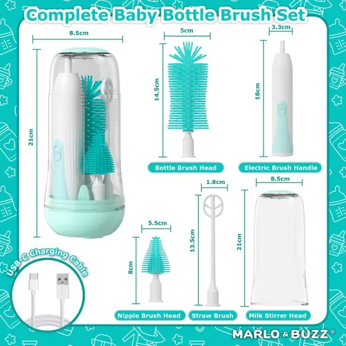 Vista 2 de Marlo & Buzz Juego de limpiador eléctrico de cepillos para biberones, cepillos de silicona impermeables recargables con cepillo para biberón grande