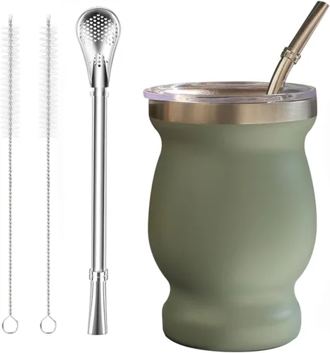 Vista 14 de Beruth Bombilla Yerba Mate Gourd, juego de tazas de té de acero inoxidable de 8 onzas con una tapa multifuncional, dos popotes y cepillos