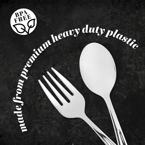 Vista 5 de Plasticpro Utensilios desechables de plástico plateado para servir, 6 tenedores y 6 cucharas de servir, utensilios de servicio duraderos