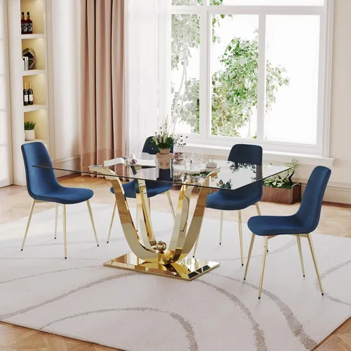 Vista 3 de Mesa de comedor de vidrio de 70 pulgadas para 4-8 personas, parte superior de vidrio templado y base de acero inoxidable en U dorada, escritorio