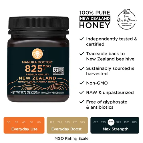 Vista 5 de MANUKA DOCTOR - MGO 30+ Multifloral SQUEEZY y MGO 825+ Monofloral Manuka Honey Value Bundle, 100% miel de Nueva Zelanda pura. Certificado.