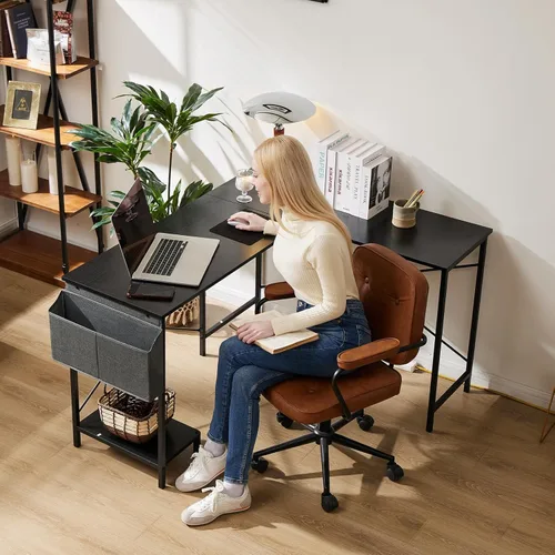 Vista 2 de Sweetcrispy Escritorio en forma de L – Escritorio de computadora, escritorio de esquina, escritorio para juegos, mesa de PC con soporte para CPU