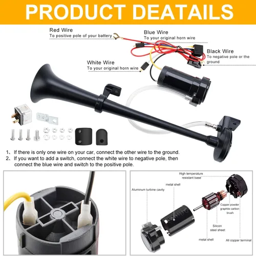 Vista 5 de Big Autoparts 12V24V Single Trumpet Air Horn Single Trumpet Air Horn with Compressor Powerful Loud 150db for Truck Boat SUV Train Black