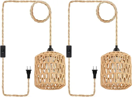 Vista 11 de Lámpara colgante enchufable, lámpara colgante industrial con cable de enchufe, cuerda de cáñamo, interruptor de encendido/apagado, lámpara colgante