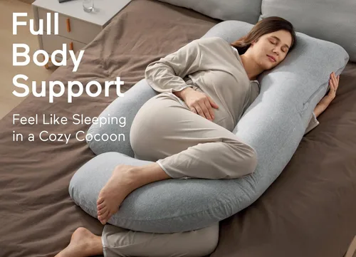 Vista 2 de Momcozy Almohadas de embarazo en forma de U con funda extraíble de algodón, almohada de cuerpo completo de 57 pulgadas, soporte de maternidad