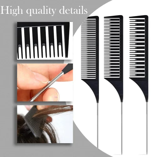 Vista 3 de SKYPIA Juego de 3 peines profesionales para teñir el cabello, peines con cola larga de rata de acero inoxidable para tejer y peinar (negro)