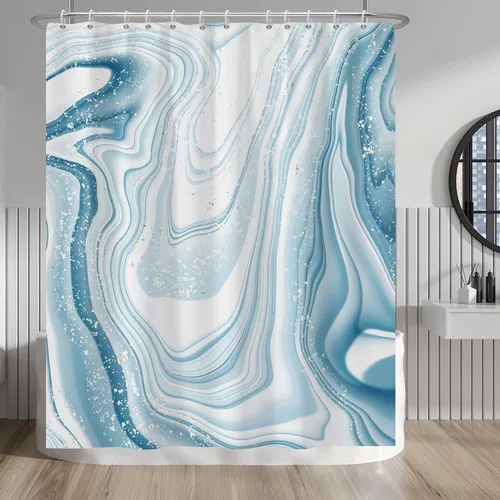 Vista 185 de Baocicco Cortina de ducha de mármol azul abstracto a rayas, decorativa, textura de lujo, línea moderna, decoración de acuarela, juego de cortinas