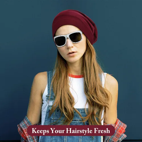 Vista 27 de 4 Pieces Satin Lined Beanie Cap Satin Sleep Lined Hat Slouchy Beanie Hat Night Silk Hair Cap for Women Men