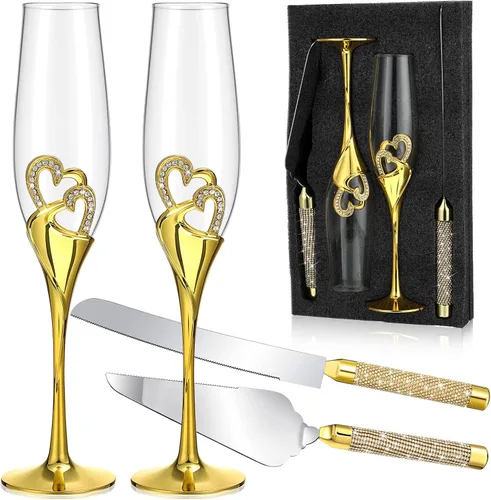 Zhehao Juego de copas de champán y cuchillos para tartas de boda, copas de tostado, copas de champán con diamantes de imitación, decoración de Dorado