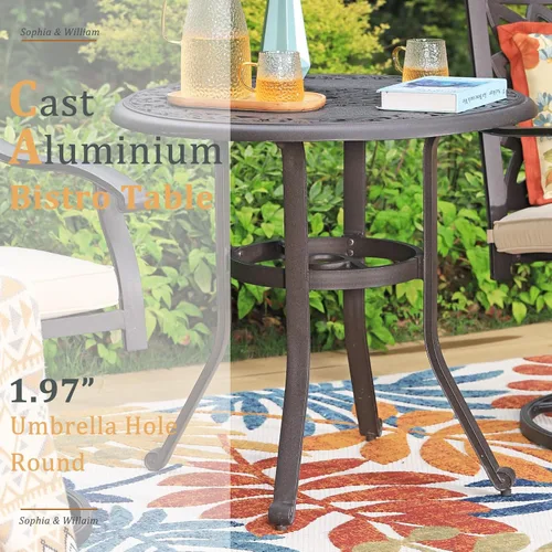 Vista 4 de Sophia & William Mesa redonda de aluminio fundido para patio, con agujero para sombrilla de 1.97 pulgadas, mesa de comedor de bronce premium