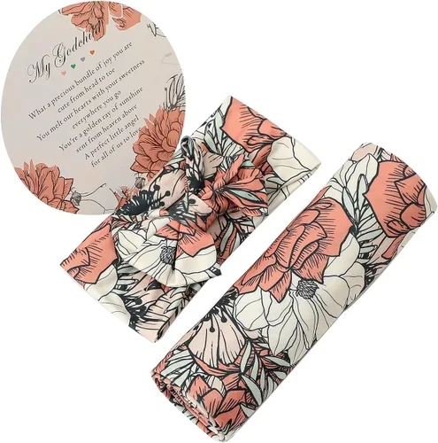 Vista 5 de Galabloomer - Conjunto de cobija para recién nacido con diadema, diseño de flores para envolver bebé, color almendra