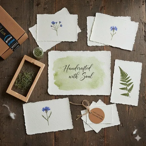 Vista 6 de E-Tailor Hojas sueltas de papel de algodón hechas a mano con borde de cubierta de 130 GSM, blanco marfil (4 x 6) marfil (paquete de 100 hojas)