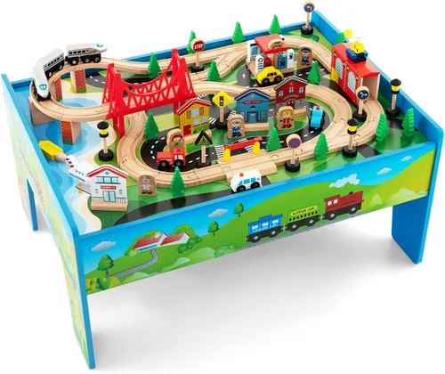 Mesa de Tren INFANS, Juego de 80 Piezas de Madera para Niños con Juego de Actividad Reversible y Desmontable, Pistas, Tren, Ferrocarril, Ciudad,
