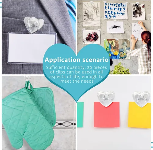 Vista 6 de 20 clips para colgar tapices en forma de corazón, clips de plástico autoadhesivos, clip de papel transparente, clip de pared, clips de fotos, clips