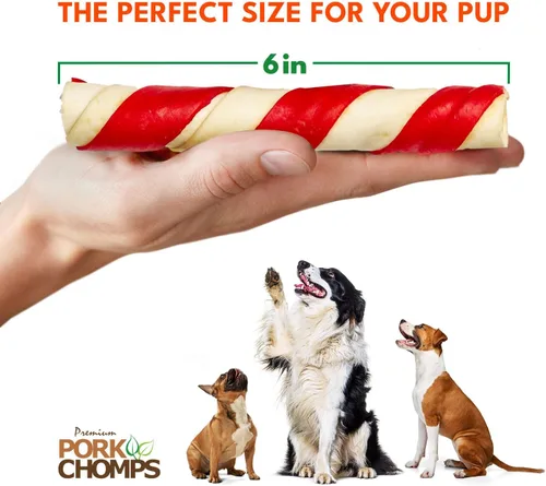 Vista 4 de Pork Chomps Masticables de piel de cerdo horneada para perros, giros de 6 pulgadas, sabores surtidos, 12