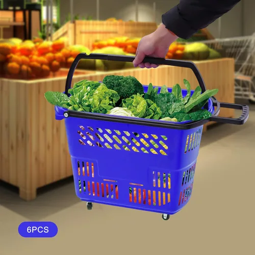 Vista 2 de Carrito de compras de 6 piezas, moderno carrito de compras de 35 l/9.2 galones con ruedas y asa, cesta de compras de PP independiente carrito de Azul