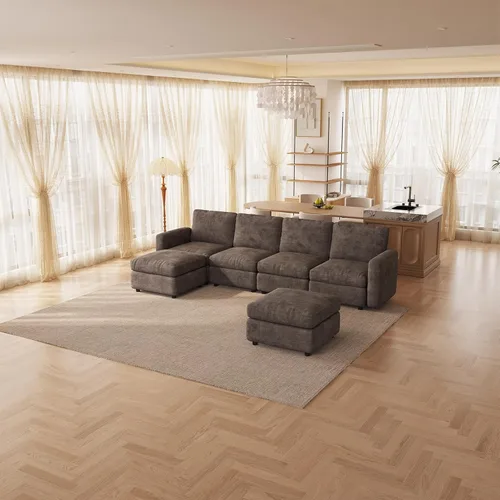 Vista 107 de Guyii Sofá modular de terciopelo, moderno sofá de 4 plazas de gran tamaño con 3 almohadas y reposapiés de almacenamiento, sofá convertible de 115.74