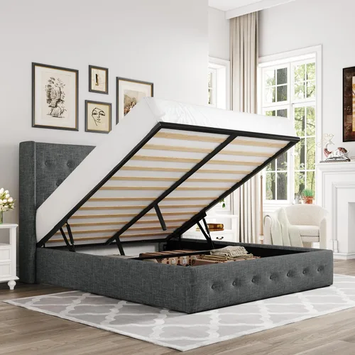 Vista 22 de Allewie Cama de almacenamiento elevable tamaño Queen, cabecera moderna con respaldo alado, soporte hidráulico, no necesita somier, gris claro