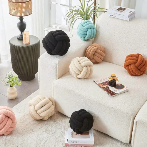 Vista 3 de LUSJNGE Almohada decorativa con nudo para el hogar, silla, sofá, cama, estética redonda, almohada decorativa con nudo de lana de cordero