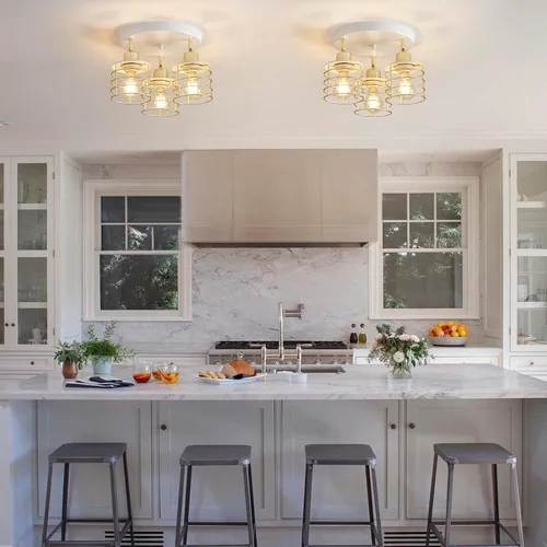 Vista 9 de Lámpara de techo de cocina semiempotrada de 3 luces, luces multidireccionales para cocina, granja, pasillo, comedor, entrada (blanco y dorado)