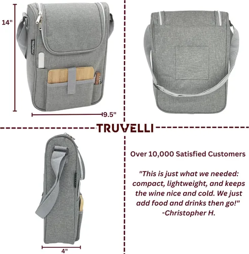 Vista 4 de Bolsa de mano térmica para vinos: bolsa portátil para transportar 2 botellas de vino y queso. Bolsa impermeable de lona negra. Conjunto con kit
