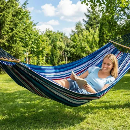 Vista 5 de Anyoo Hamaca de Algodón para Jardín, Hamaca de Tela Cómoda con Barra Separadora, Hamacas Resistentes de hasta 450 libras, Hamacas Ligeras Portátiles