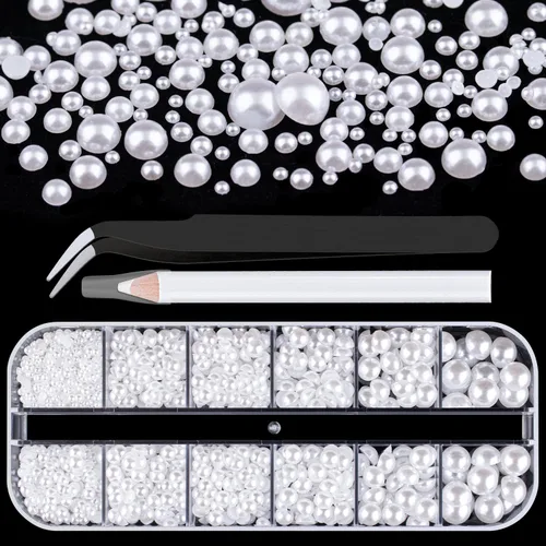 Vista 15 de Kit de 2700 perlas con parte trasera plana, 1 caja de color blanco con parte trasera plana + 1 caja de perlas pequeñas de color beige medio redondo