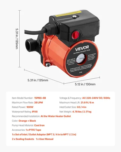 Vista 7 de VEVOR Bomba de Recirculación de Agua Caliente, 10 GPM, Sistema de Bomba Circuladora de Circulación Instantánea, Control de 3 Velocidades, 0.13 HP