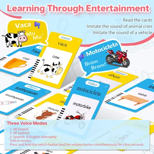 Vista 2 de Tarjetas flash parlantes en español e inglés para niños pequeños, tarjetas flash bilingües de aprendizaje Montessori con 224 palabras a la vista