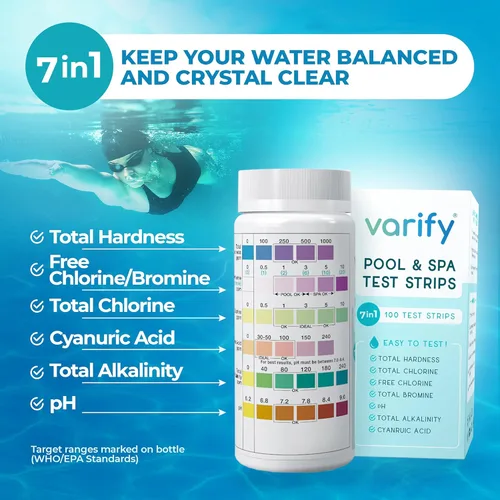 Vista 2 de Varify Tiras de prueba 7 en 1 para piscina y spa, kit de prueba de agua fácil de usar para piscina, spa, bañera de hidromasaje y más, tira probadora