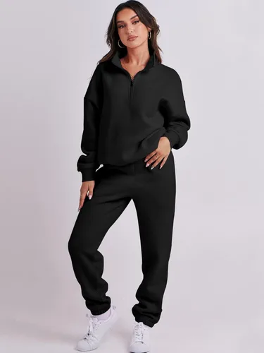 Vista 4 de Prinbara Conjunto de sudadera de manga larga con media cremallera para mujer, pantalones deportivos, conjunto de 2 piezas con bolsillos