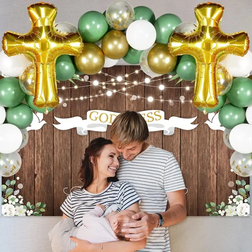 Vista 5 de 75 piezas de decoración de primera comunión incluidas, mantel de telón de fondo, globos, guirnalda, globos, cruz, globos de madera rústica, bautizo