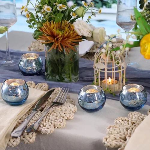 Vista 3 de Volens - Portavelas votivas redondas azules, juego de 12, decoraciones de mesa para centro de mesa de boda azul, portavelas de vidrio de mercurio