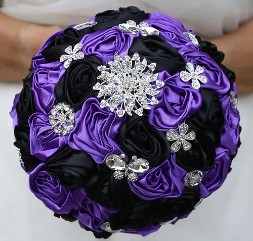 Vista 8 de Sharebeauty Ramo de novia de satén hecho a mano de 7.9 pulgadas, ramo de boda, ramo de flores artificiales