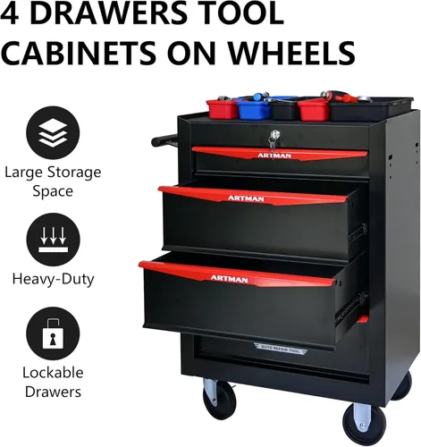 Vista 7 de Carro de herramientas con 4 cajones con ruedas, carro de almacenamiento de herramientas multifuncional, organizador de cajones con ruedas