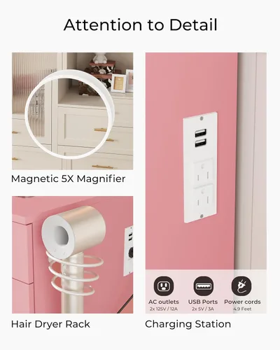 Vista 5 de Otterease Tocador de maquillaje rosa, 11 cajones con espejo y 12 luces LED, escritorio de maquillaje con 3 modos de iluminación de brillo ajustable