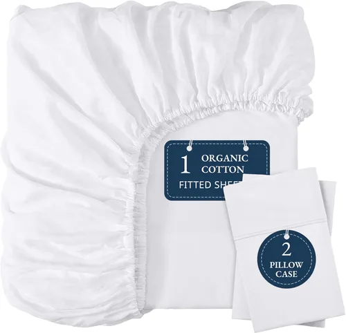 Vista 39 de LANE LINEN - Sábana bajera 100% de algodón orgánico, tamaño Queen, 2 fundas de almohada, tejido percal suave, transpirable, apta para colchones