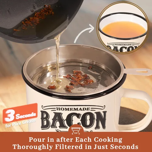 Vista 4 de Recipiente para grasa de tocino con colador - Con espátula de silicona de grado alimenticio de 24oz, recipiente rústico de grasa esmaltado